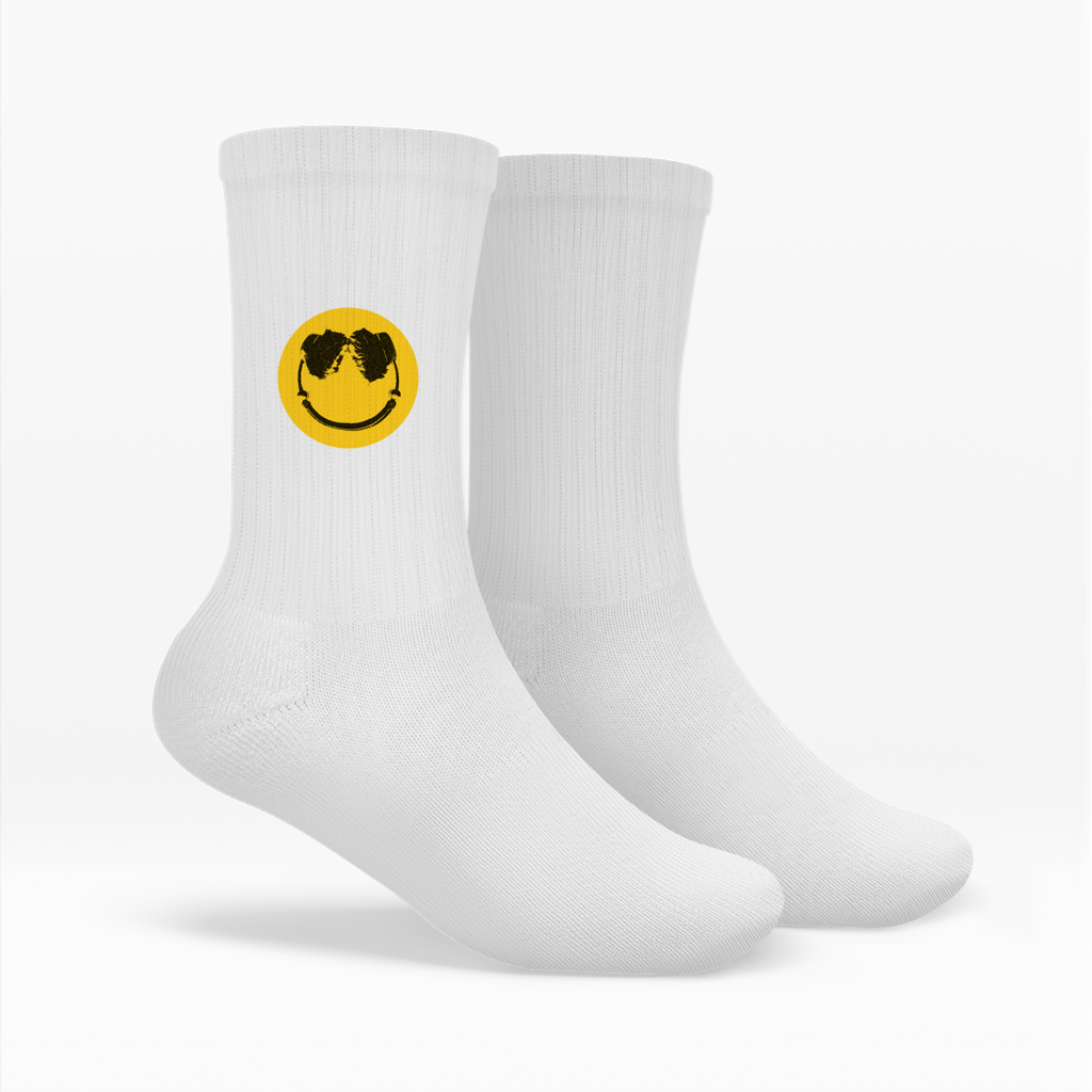 techno-socken-weiss-print-gelber-smiley-kopfhoerer