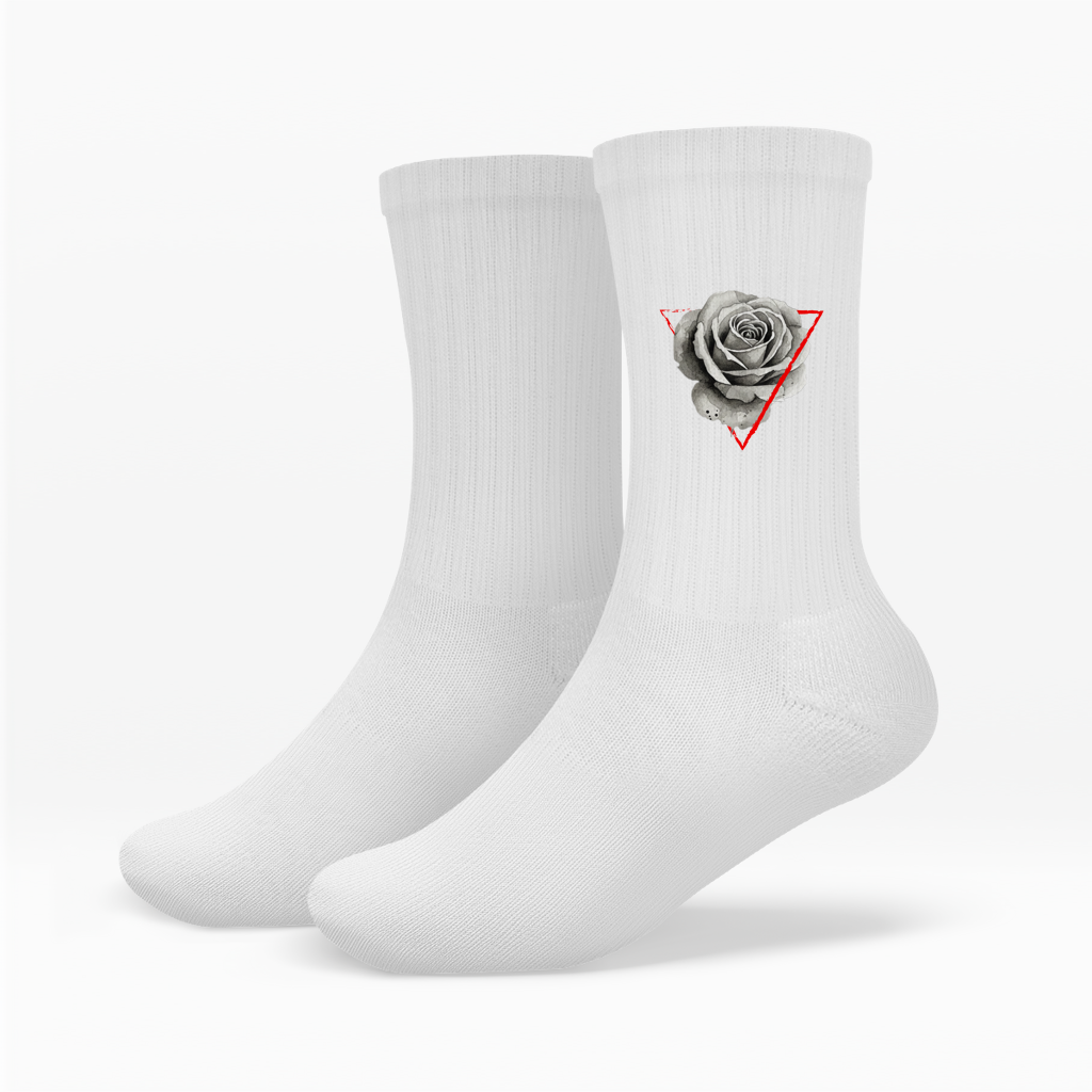 techno-socken-weiss-print-rotes-dreieck-rose