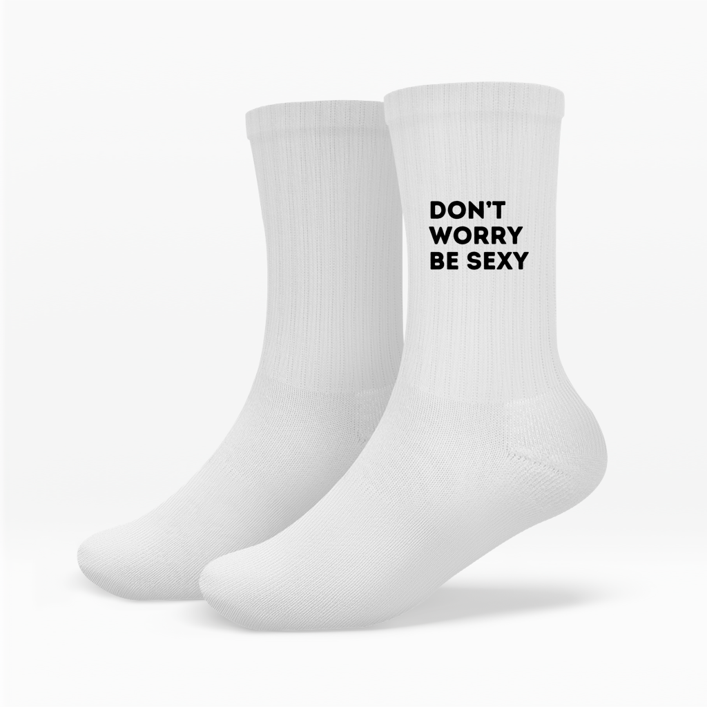 technoartig-tennissocken-weiss-dont-worry-be-sexy-detail